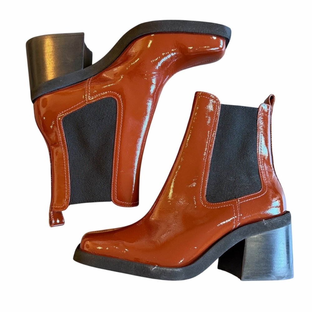 Gianni Bini Patent Leather Chelsea Ankle Boots Cognac Brown Block Heel Size 8.5